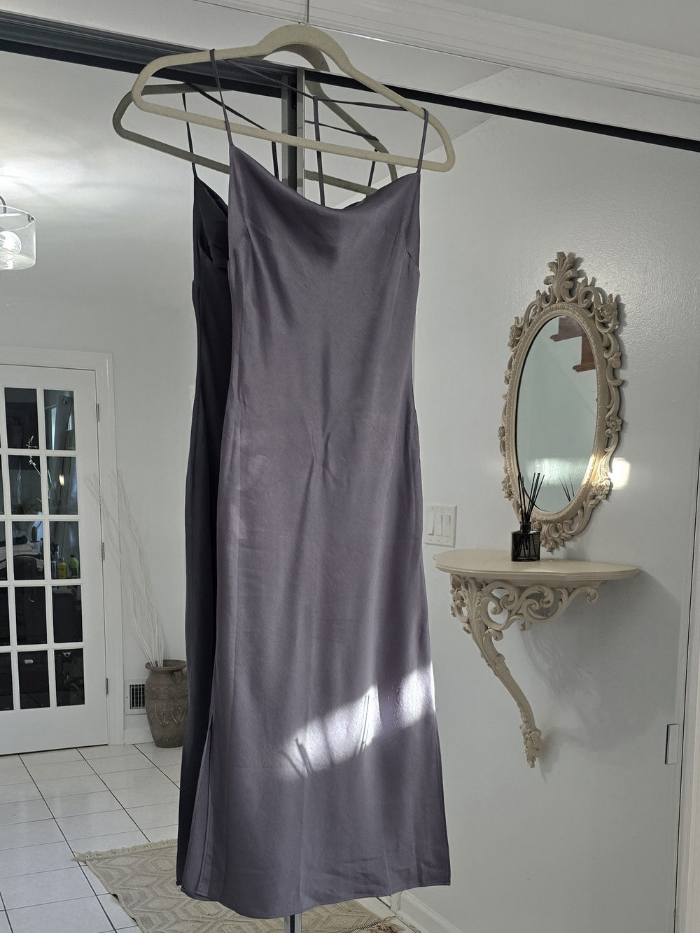 Express Satin Slip Midi Dress in Dusty Lavender